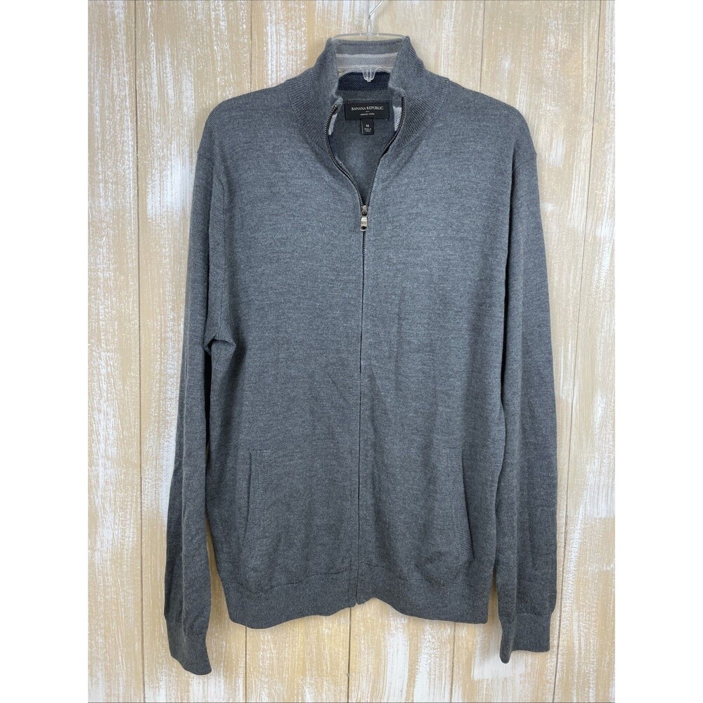 Banana Republic Charcoal Gray Cardigan Full Zip Merino Wool Knit Mens Med V-Neck